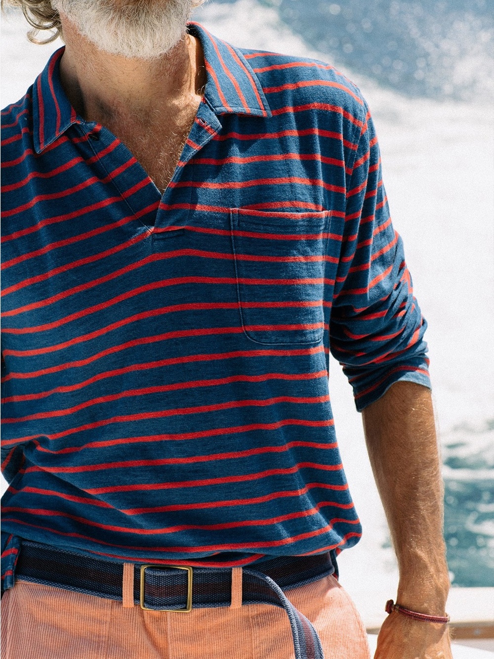 Quaker marine supply Long Sleeve Indigo Polo in 3/4" Red/Navy Stripe